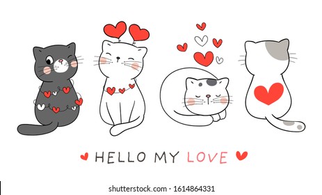 Draw vector character design banner cute cat with red heart for Valentine's day.Doodle cartoon style.