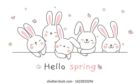 Draw vector character design banner cute rabbit on white for spring season.Doodle cartoon style.
