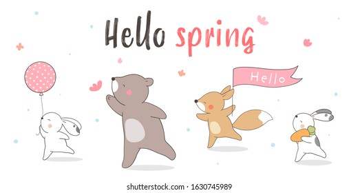 Draw vector character design banner funny animal on green for spring season.Doodle cartoon style.