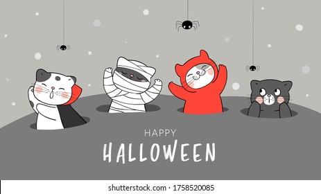 Draw vector character design banner cute cat in hole.For Halloween day.Doodle cartoon style.