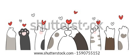 Draw vector character design banner cat paw with little heart for Valentine's day.Doodle cartoon style.