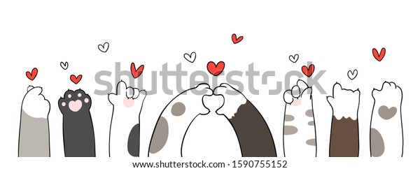 Draw vector\
character design banner cat paw with little heart for Valentine\'s\
day.Doodle cartoon style.