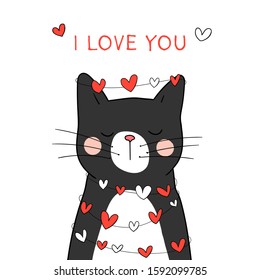 Draw vector character design black cat with little heart for Valentine's day and word I love you.Doodle cartoon style.