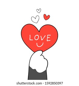 Draw vector character design cat paw holding red heart write word love for Valentine's day.Doodle cartoon style.