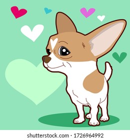 Draw vector character design Chihuahua dog with red heart on green color for Valentine's day.cartoon style