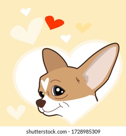 Dibujar el diseño del personaje vectorial Chihuahua perro con el corazón blanco en color amarillo para el día de San Valentín. estilo de caricatura