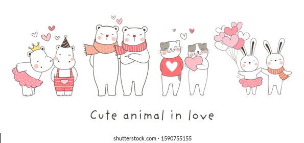 Draw Vector Character Design Collection Animal In Love For Valentine's Day.Doodle Cartoon Style.