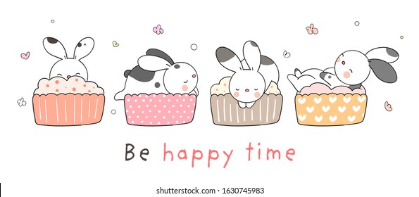 Draw vector character design collection rabbit sleeping on cupcake.Doodle cartoon style.