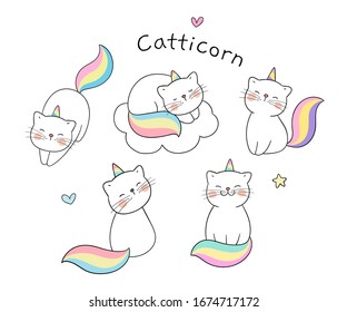 Draw vector character design collection caticorn on white.Doodle cartoon style.