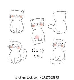 Draw vector character design collection outline of adorable cat on white.Doodle cartoon style.