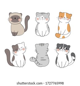 Dibujar un gato de colección de diseño de caracteres vectoriales en blanco.Estilo de caricatura Doodle.