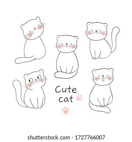 Draw vector character design collection outline of cute cat on white.Doodle cartoon style.