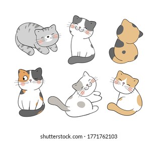 Draw vector character design collection baby cat on white.Different poses.Doodle cartoon style.