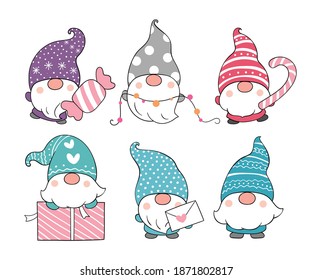 Draw vector character design collection adorable gnomes for winter season.Cartoon style.