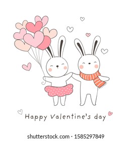 Draw vector character design couple love of rabbit with balloon for Valentine's day.Love concept.Doodle cartoon style.