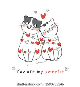 繪製矢量字符設計夫婦愛貓與小心情人節那麼甜蜜。塗鴉卡通風格。