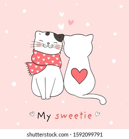Draw vector character design couple love of cat with little heart for Valentine's day on pink pastel.Doodle cartoon style.