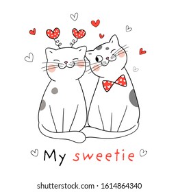 Draw vector character design couple love of cat with little red heart for Valentine's day.Doodle cartoon style.