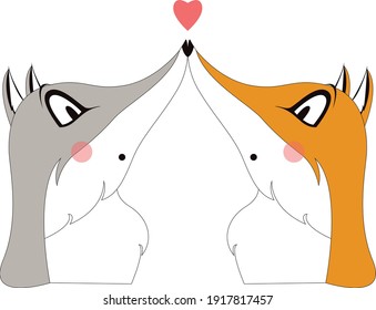 Draw a vector character design couple love fox and wolf with a small heart for Valentine's day So sweet.Doodle in cartoon style. Holiday. the eighth of March. a kiss