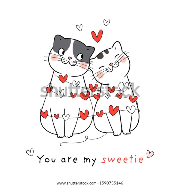 Draw\
vector character design couple love of cat with little heart for\
Valentine\'s day So sweet.Doodle cartoon\
style.