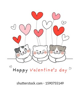 Draw vector character design cute cat with balloon for Valentine's day.Doodle cartoon style.