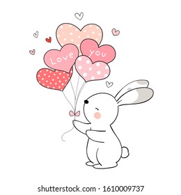 Draw vector character design cute rabbit holding balloon for Valentine's day.Doodle cartoon style.