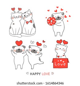 Draw vector character design cute cat and pug dog with red heart for Valentine's day.Doodle cartoon style.