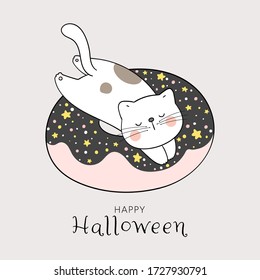 Draw vector character design cute cat on Halloween donut.Doodle cartoon style.