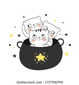 Draw vector character design cute cat in magical cauldron star night.For Halloween day.Doodle cartoon style.