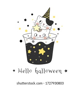 Draw vector character design cute cat wear witch hat in black drink on white.For Halloween day.Doodle cartoon style.