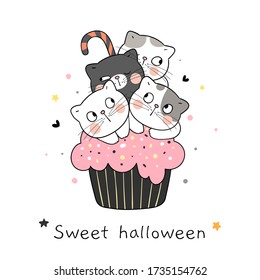 Draw vector character design cute cat on cupcake.For Halloween day.Doodle cartoon style.