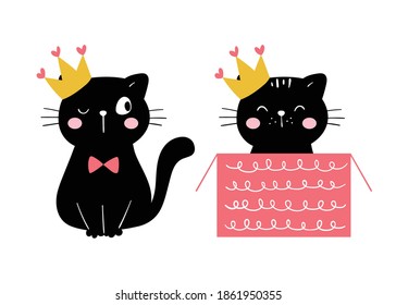 Draw vector character design cute princess black cat for happy birthday.Adorable kitten for kids.