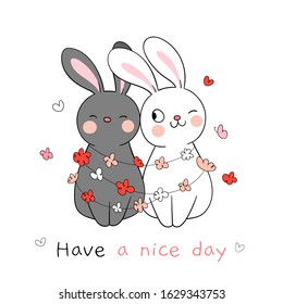 Draw vector character design flower around couple love rabbit for spring season.Isolated on white.Doodle cartoon style.