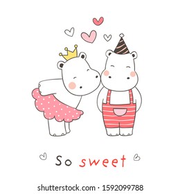 Draw vector character design Hippo kisses for Valentine's day.So sweet.Doodle cartoon style.