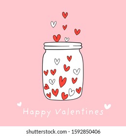 Draw vector character design little hearts in a glass jar for Valentine's day.So sweet.Doodle cartoon style.