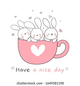 Draw vector character design rabbit sleeping in pink cup of coffee for spring season.Isolated on white.Doodle cartoon style.