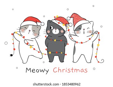 Draw vector character funny cat with christmas light. For Christmas and New year. Doodle cartoon style.