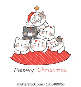 Draw vector character happy cat on red pillow.For Christmas and New year.Doodle cartoon style.