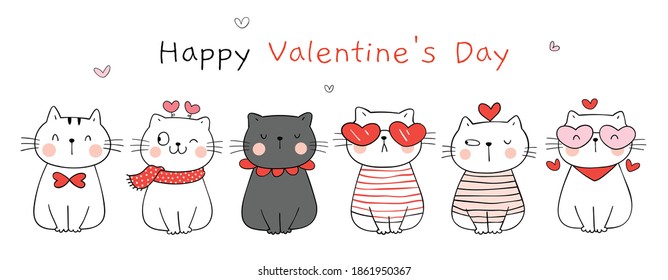 Draw vector character illustration banner cute cat happy love for valentines day.Doodle cartoon style.