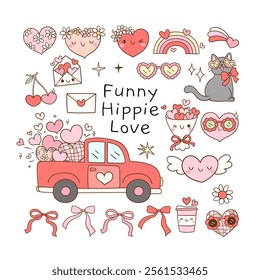 Draw vector character illustration collection groovy valentine Trendy retro love Doodle cartoon style