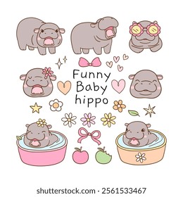 Draw vector character illustration collection happy baby hippo Trendy animal Doodle style