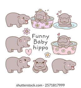 Draw vector character illustration collection funny baby hippo Trendy animal Doodle style