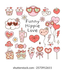 Draw vector character illustration collection element groovy valentine Trendy retro love Doodle cartoon style