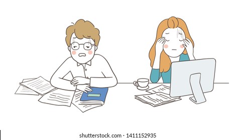 Draw vector character unhappy business man and woman with burnout syndrome.Health care concept.Doodle cartoon style.