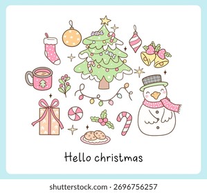 Draw vector collection christmas element Cozy winter season Doodle cartoon style