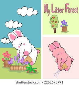 Draw vector cute bunny in garden for summer. So sweet. Doodle cartoon style