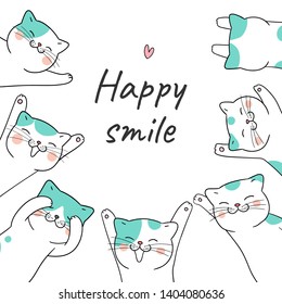 Draw vector cute cat with word happy smile.Isolated on white.Doodle cartoon style.