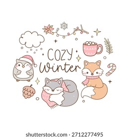 Draw vetor acolhedor bonito inverno Natal estação Dia de neve Dia de Woodland animal Doodle ilustração cartoon