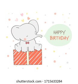Draw vector cute elephant sitting on gift on white for birthday,card,poster,cover,print.Doodle cartoon style.
