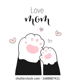 Draw vector cute paws of mom cat and baby on white.For mother'day.Doodle cartoon style.